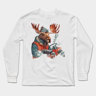 Winter Moose on Snow Plow Vintage Illustration Long Sleeve T-Shirt